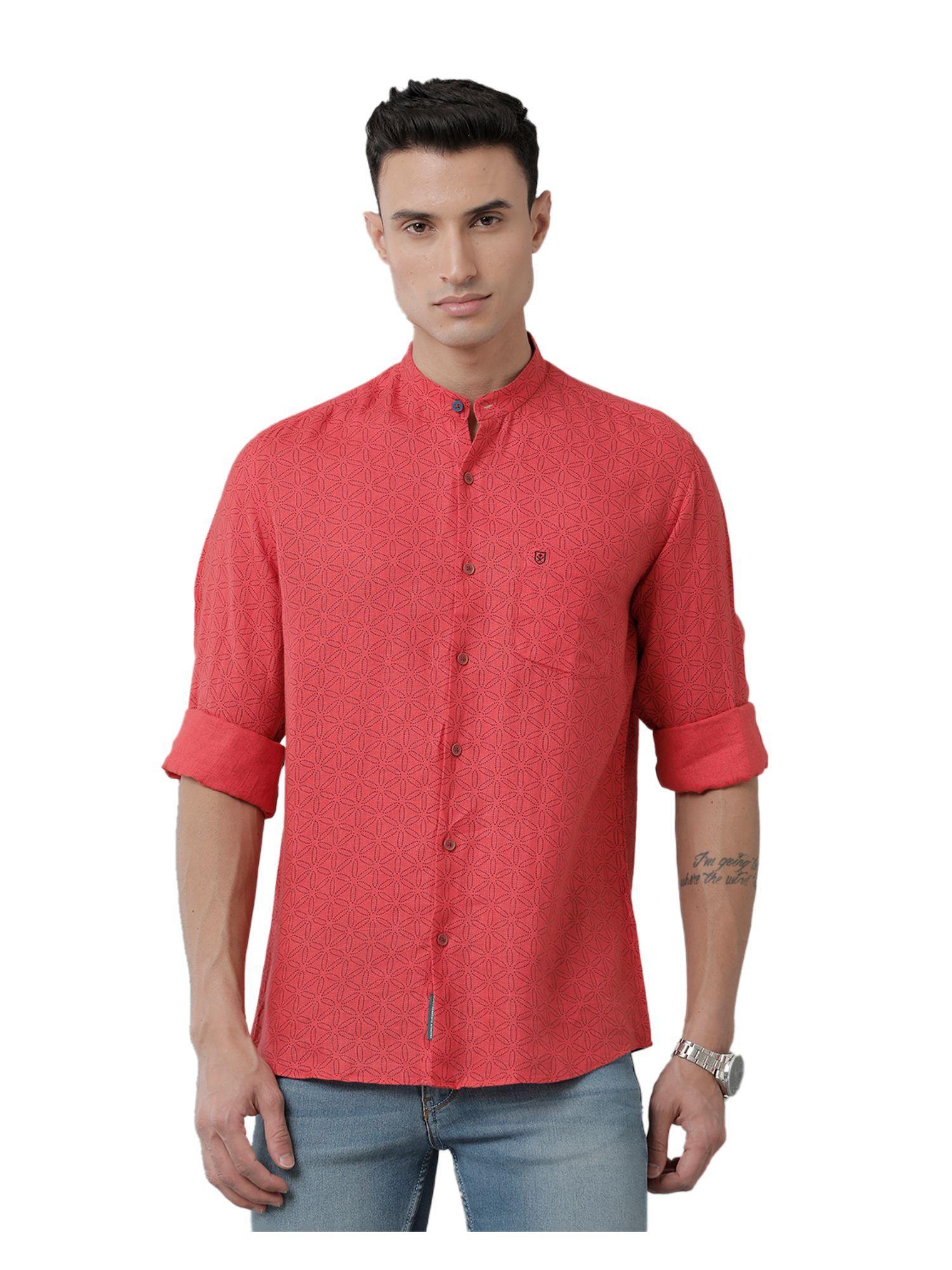 men's pure linen red printed regular fit full sleeve casual shirt