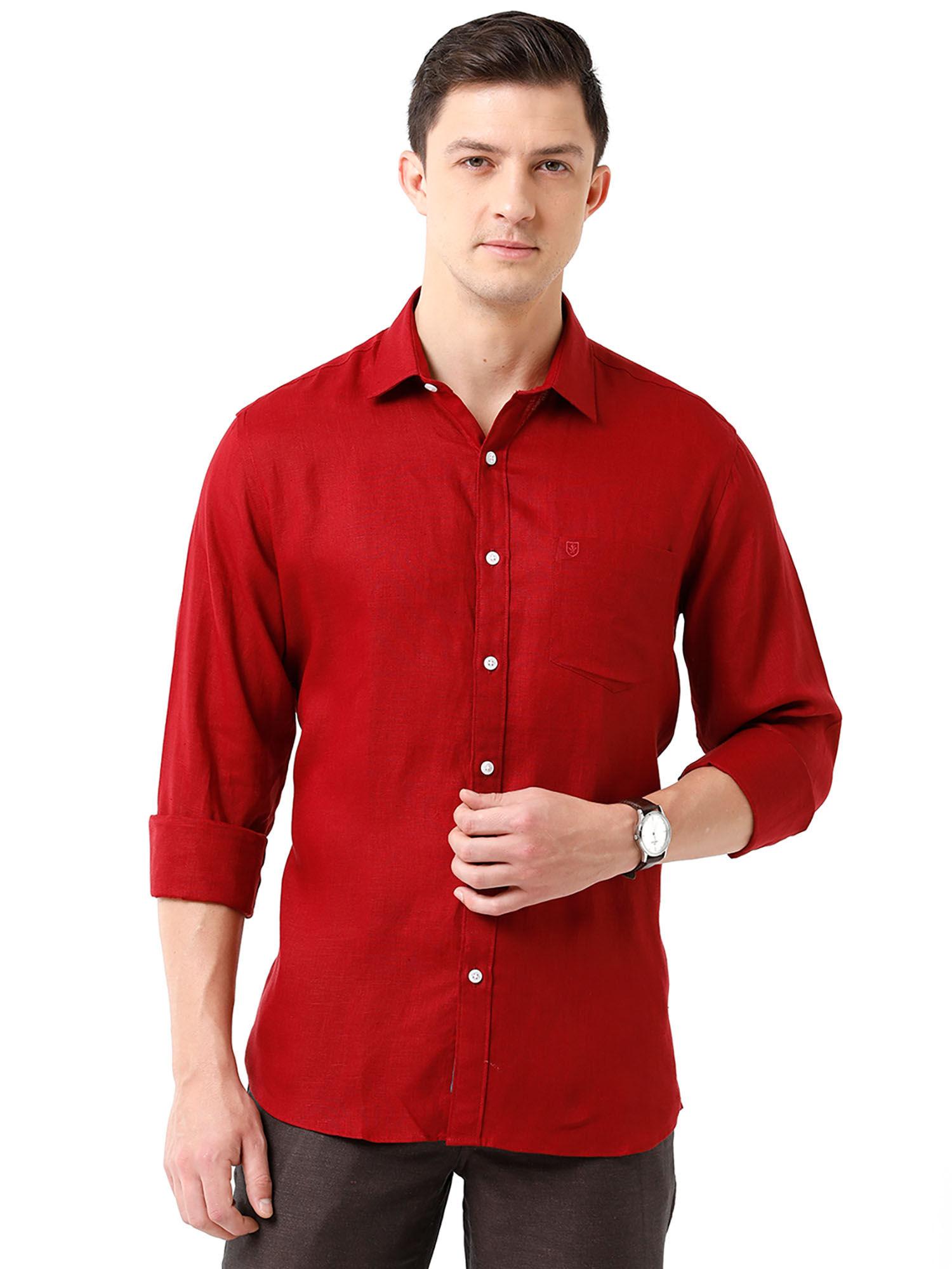 men's pure linen red solid regular fit full sleeve casual shirt