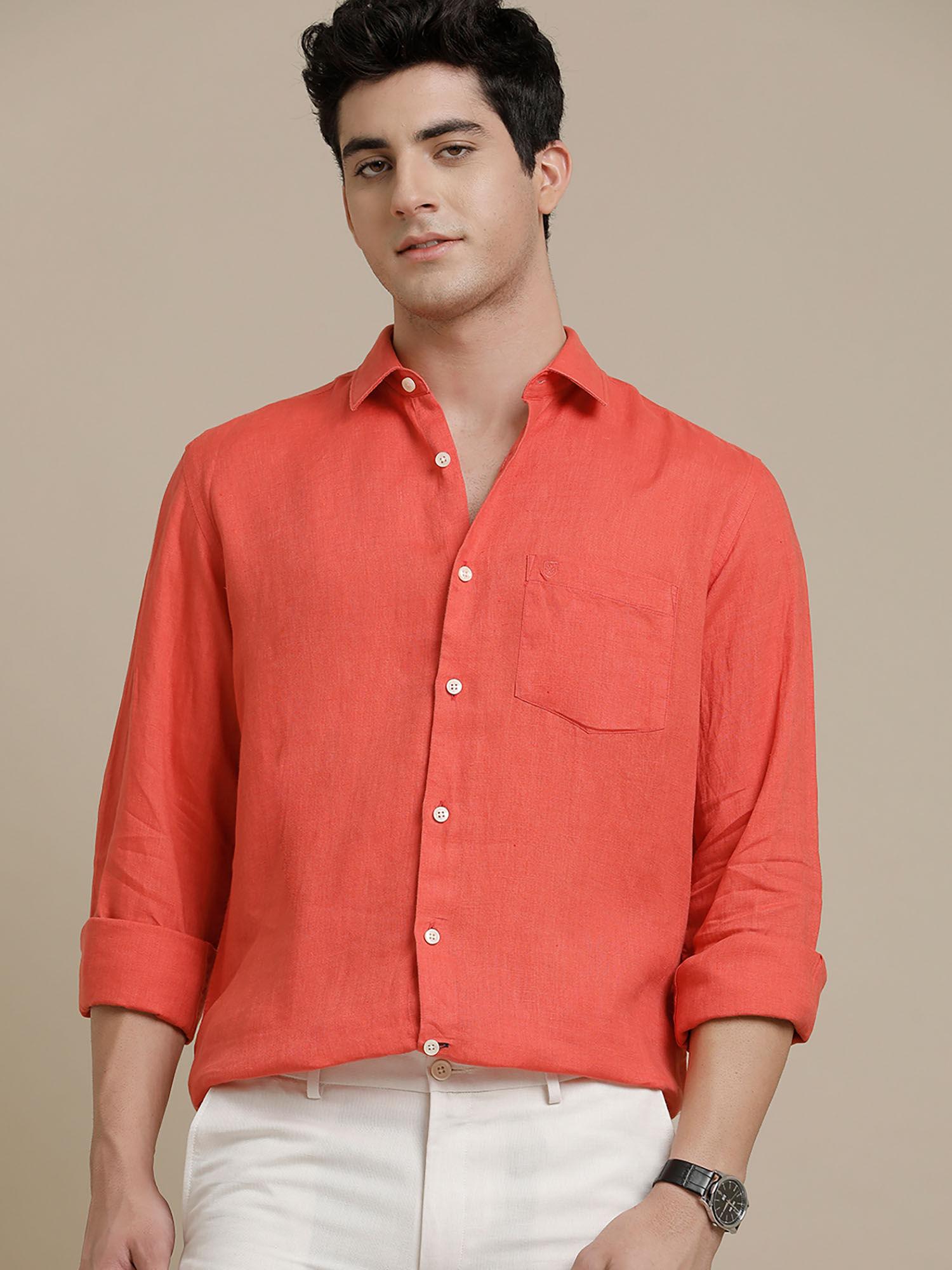 men's pure linen red solid regular fit full sleeve casual shirt