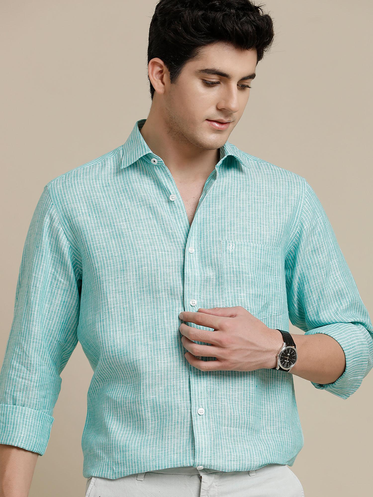 men's pure linen torques blue striped regular fit full sleeve casual shirt