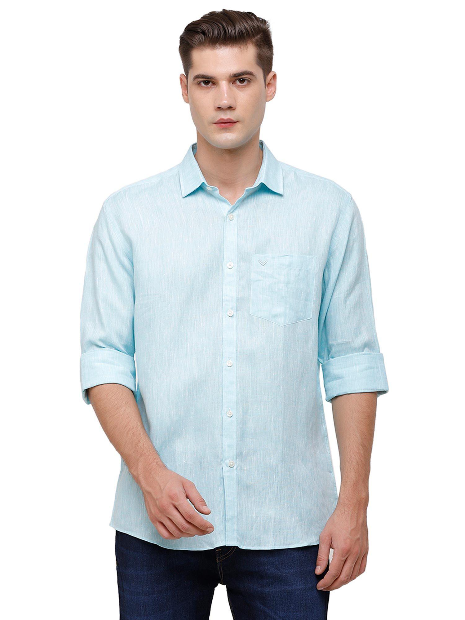 men's pure linen turquoise blue chambray regular fit full sleeve casual shirt