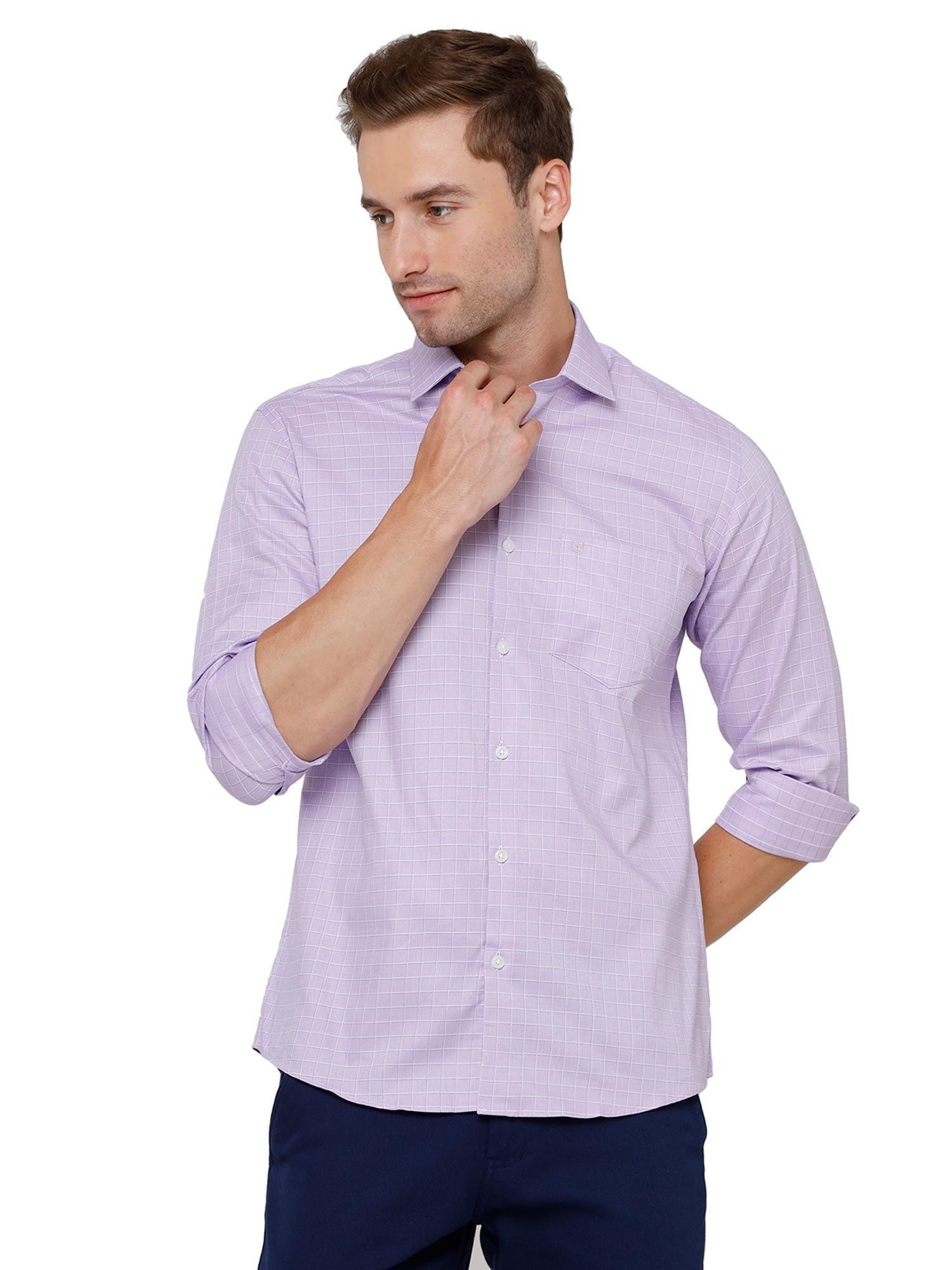 men's pure linen violet / purple checks regular fit full sleeve casual shirt