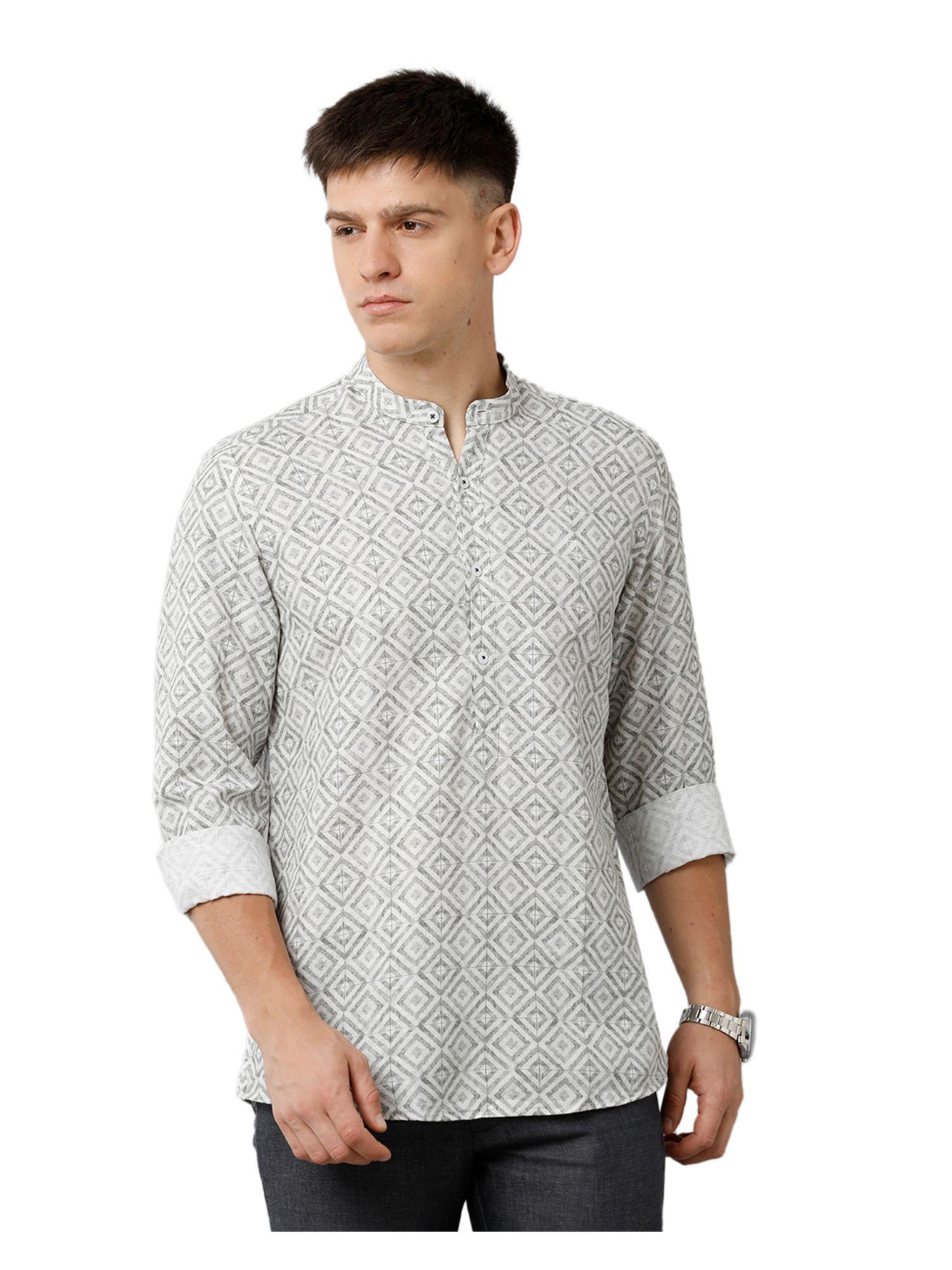 men's pure linen white printed regular fit full sleeve casual shirt