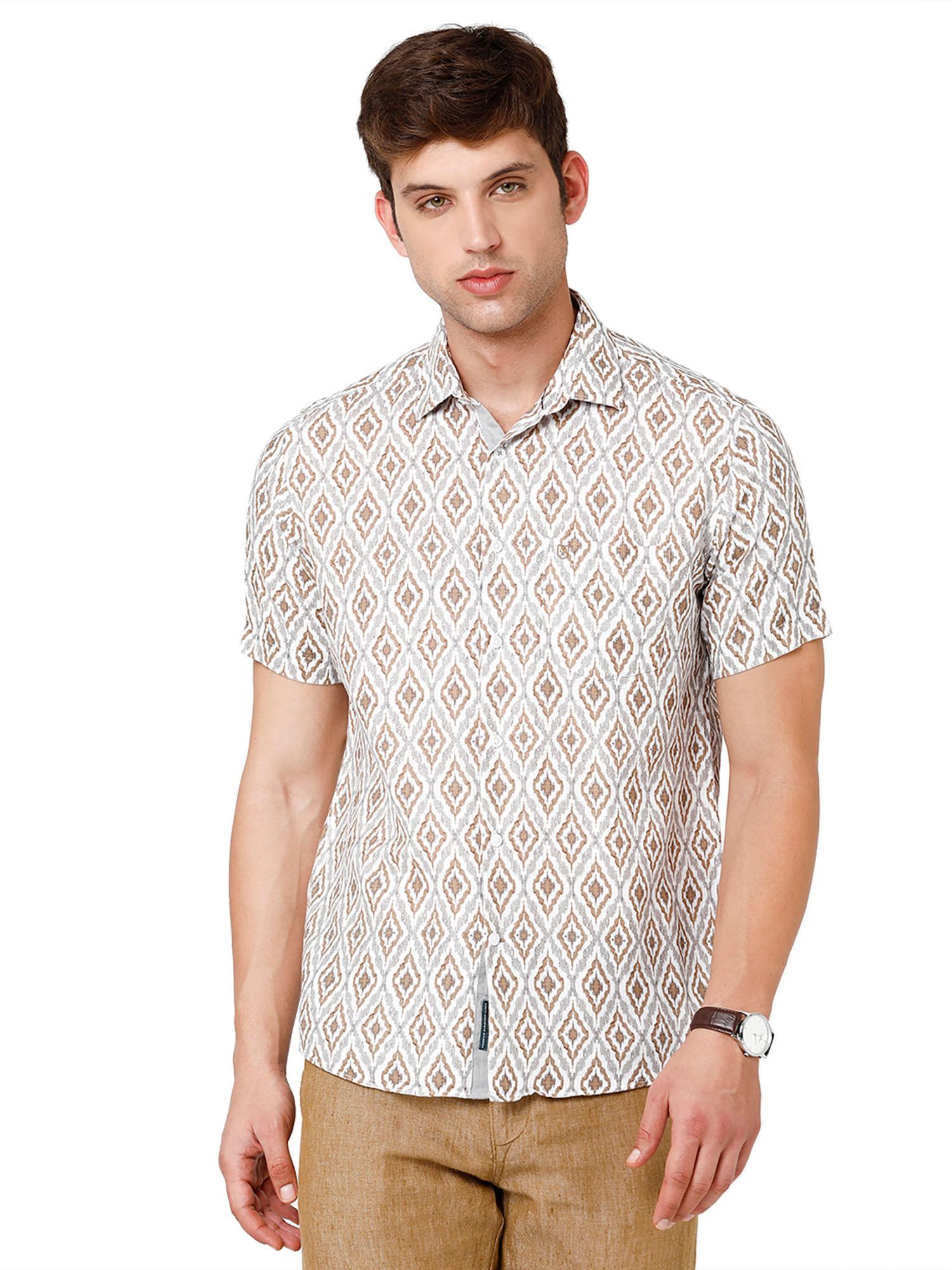 men's pure linen white printed regular fit half sleeve casual shirt