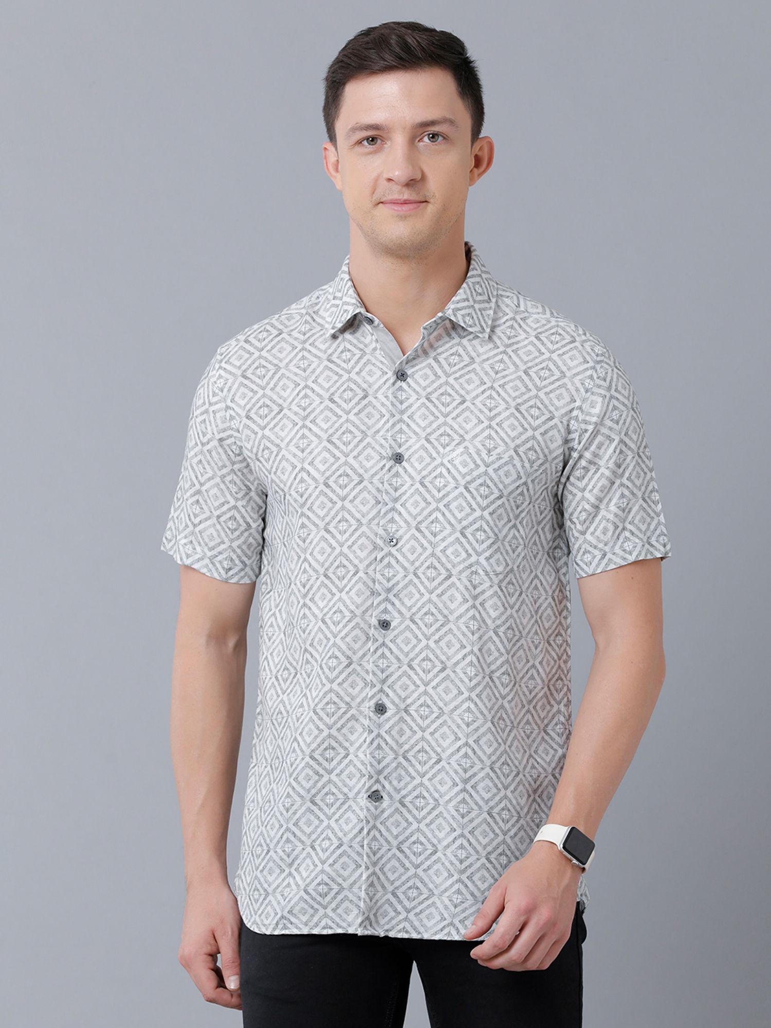 men's pure linen white printed regular fit half sleeve casual shirt