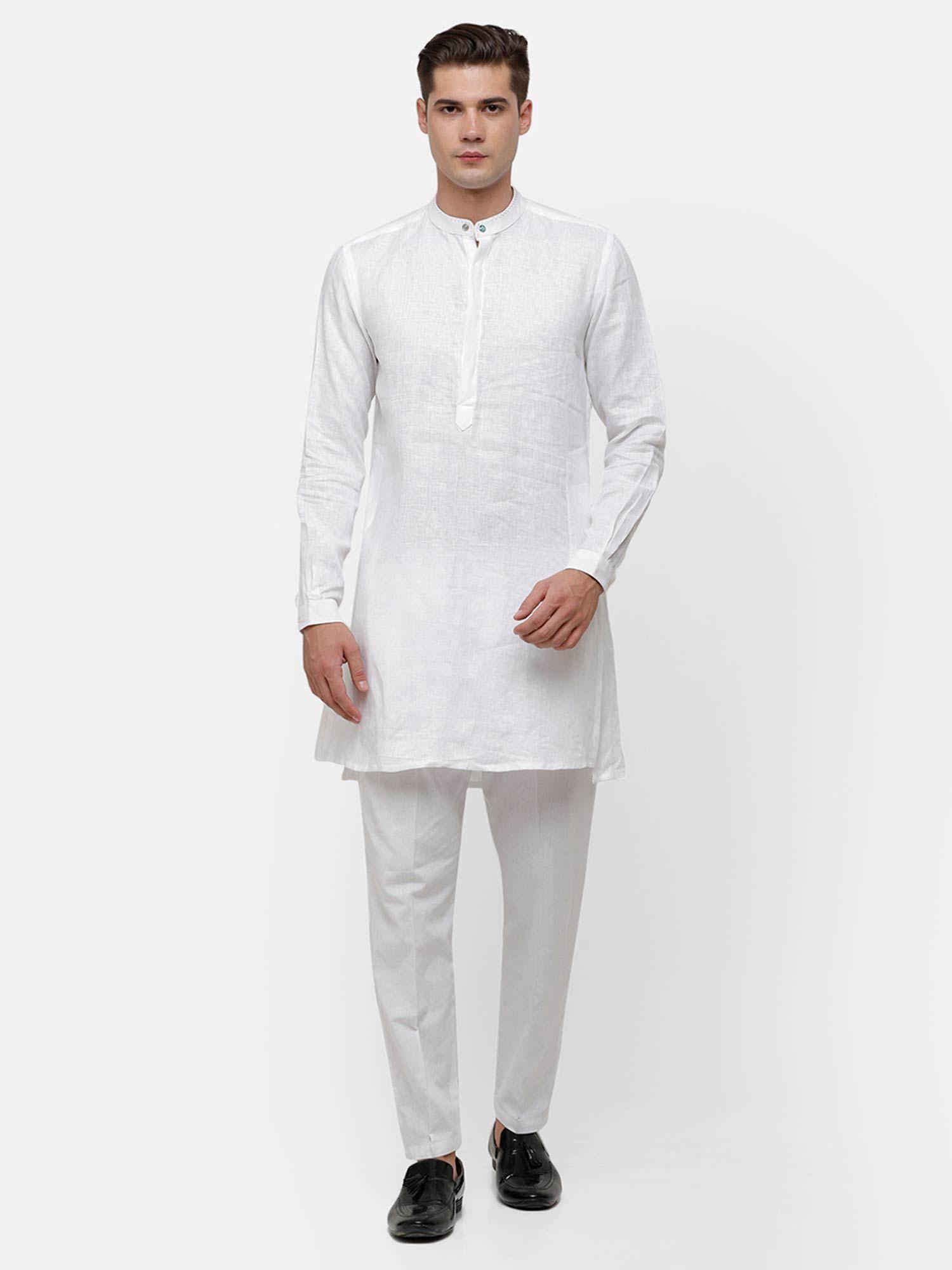 men's pure linen white solid full sleeve kurta