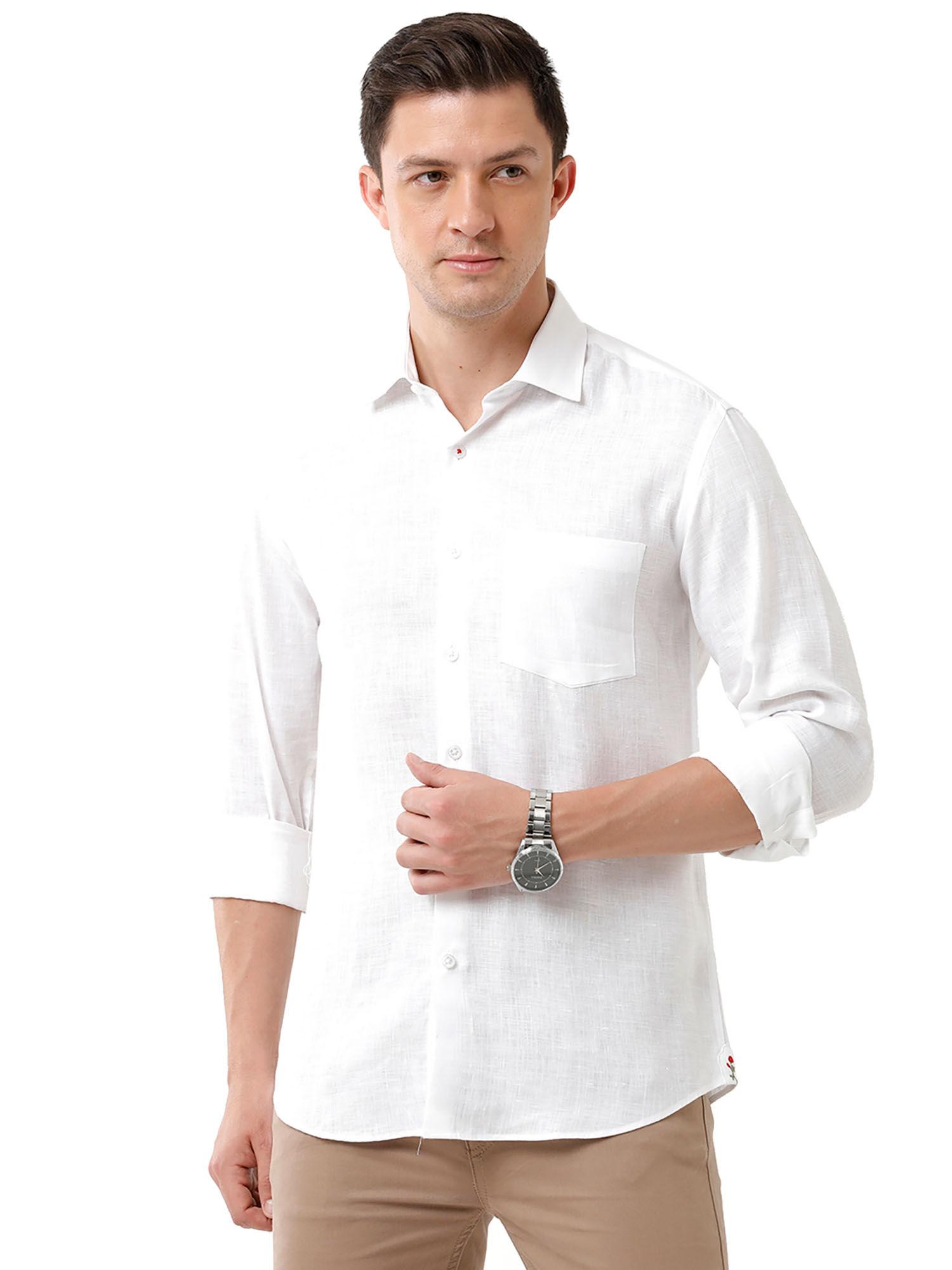 men's pure linen white solid regular fit full sleeve casual shirt