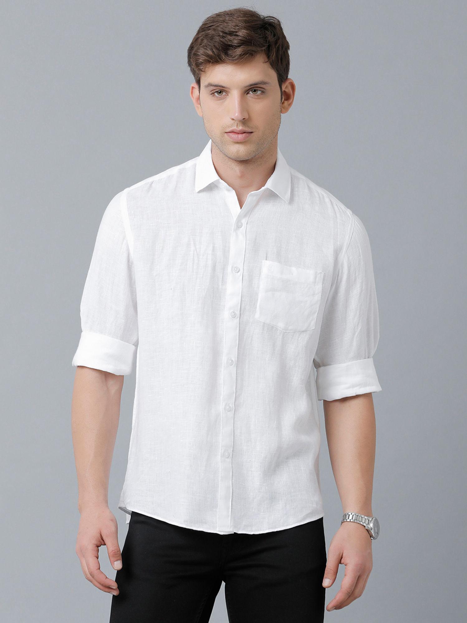 men's pure linen white solid regular fit full sleeve casual shirt