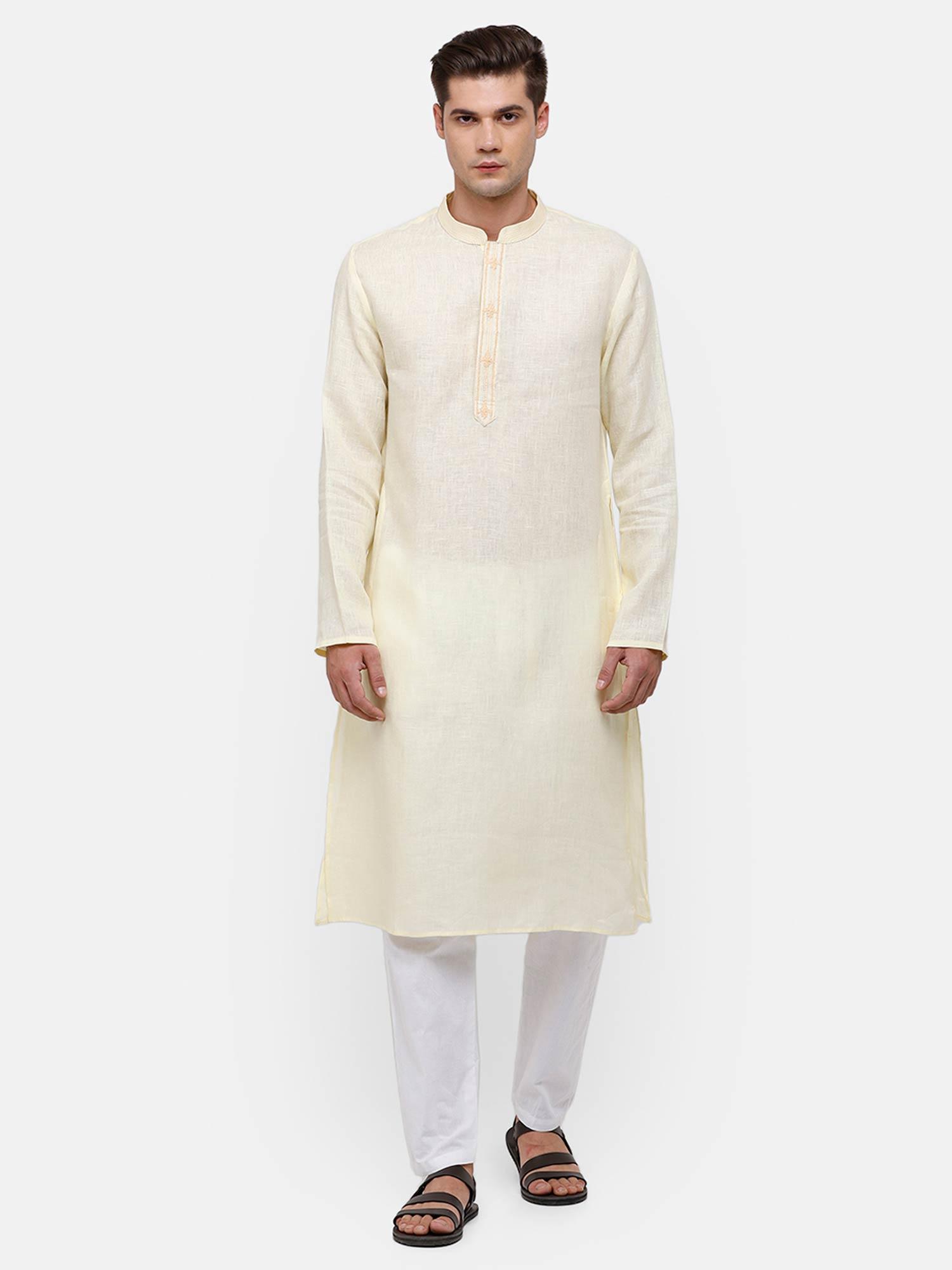 men's pure linen yellow solid full sleeve kurta