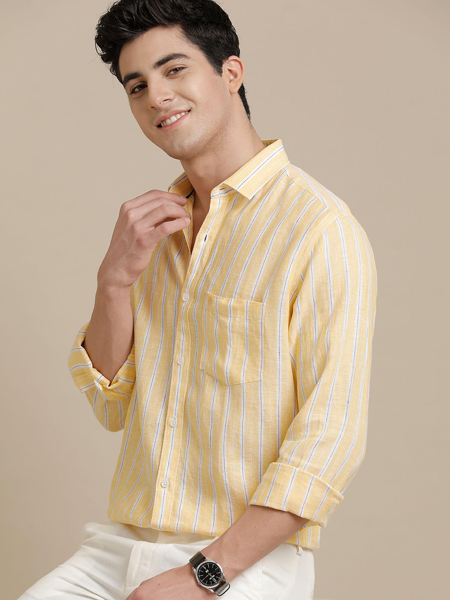 men's pure linen yellow striped regular fit full sleeve casual shirt