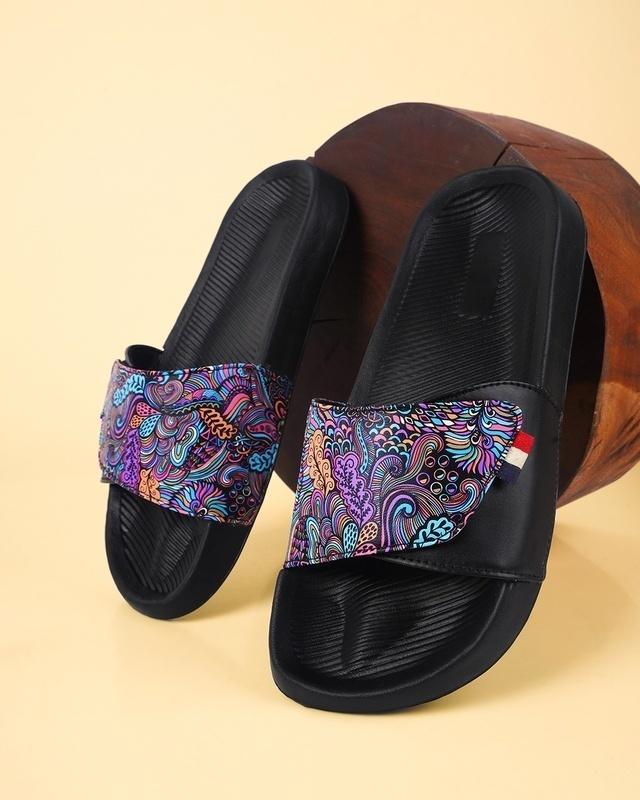 men's purple & black printed velcro sliders