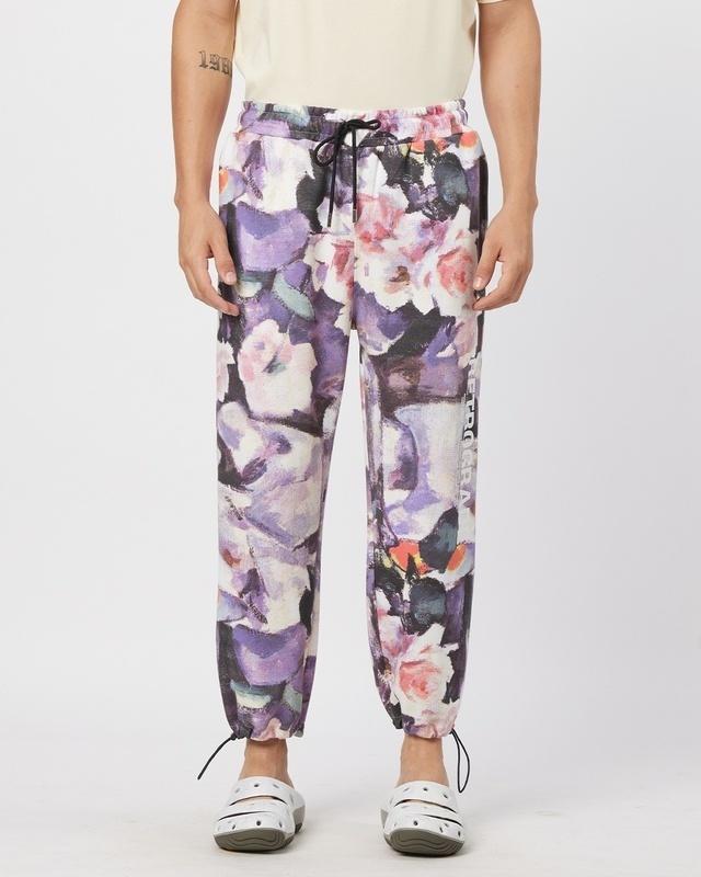 men's purple & white all over printed relaxed fit parachute pants