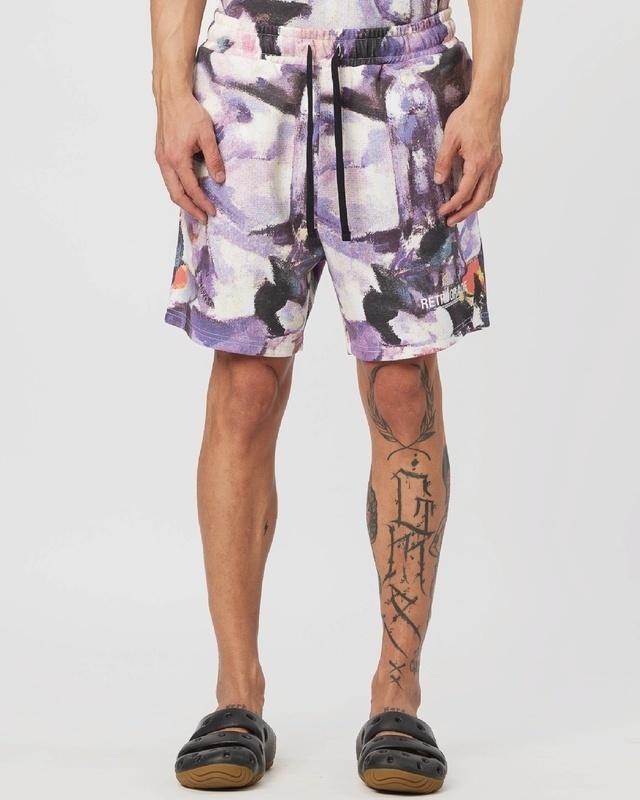 men's purple & white all over printed relaxed fit shorts