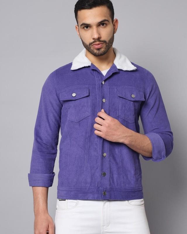 men's purple and white color block denim jacket