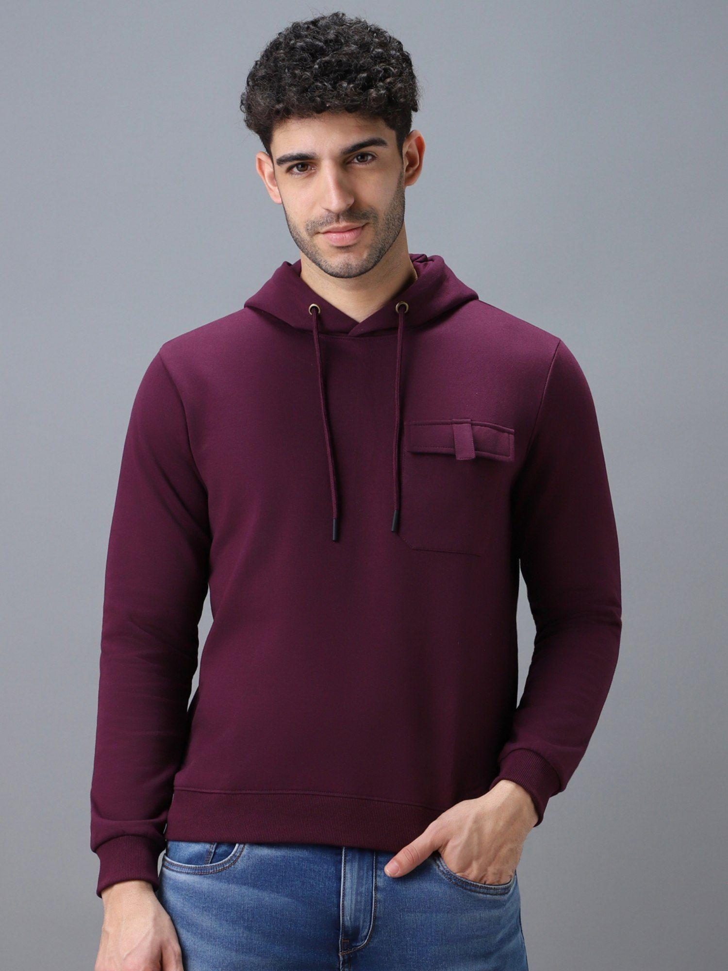 men's purple cotton solid hooded neck sweatshirt