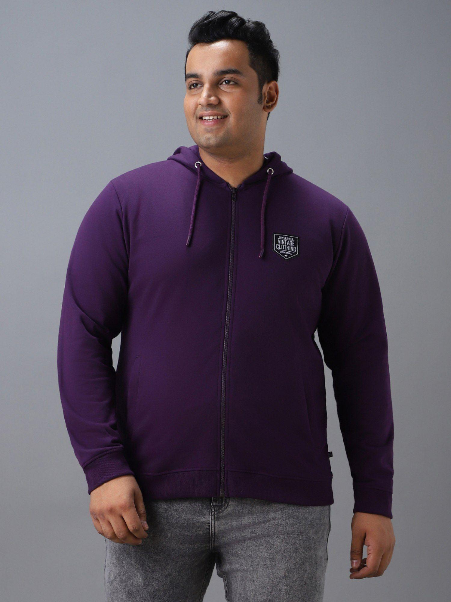 men's purple cotton solid zippered hooded neck sweatshirt