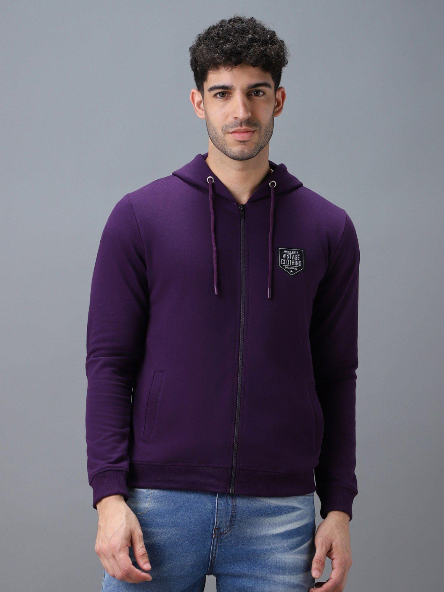 men's purple cotton solid zippered hooded neck sweatshirt