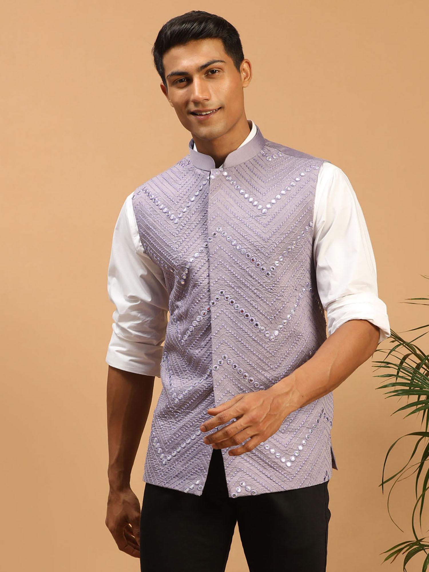 men's purple mirror work nehru jacket