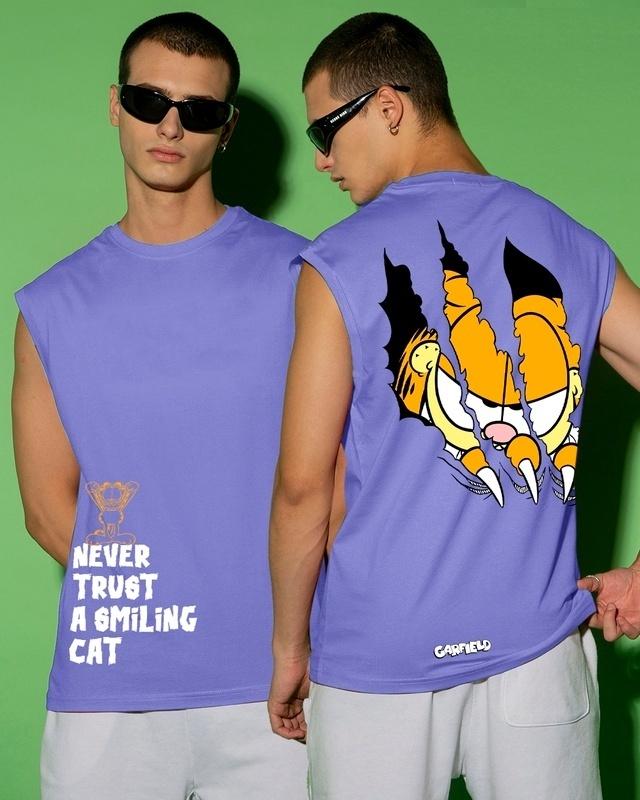 men's purple smiling cat graphic printed oversized vest