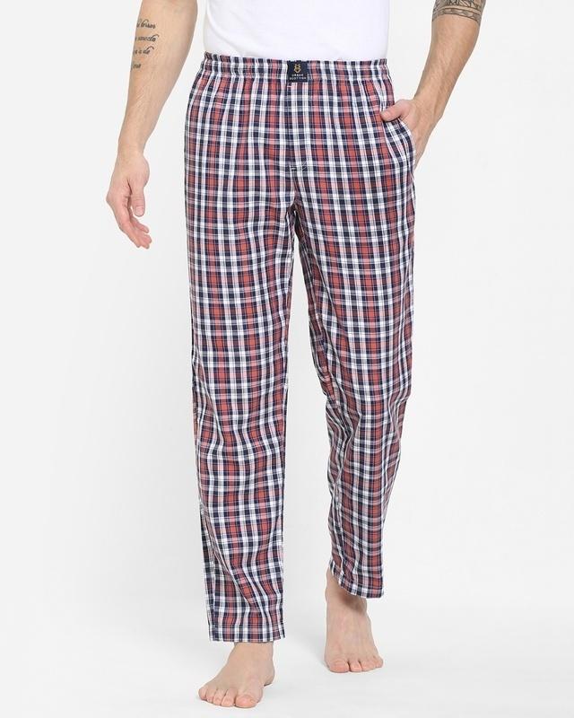 men's red & black checked cotton lounge pants