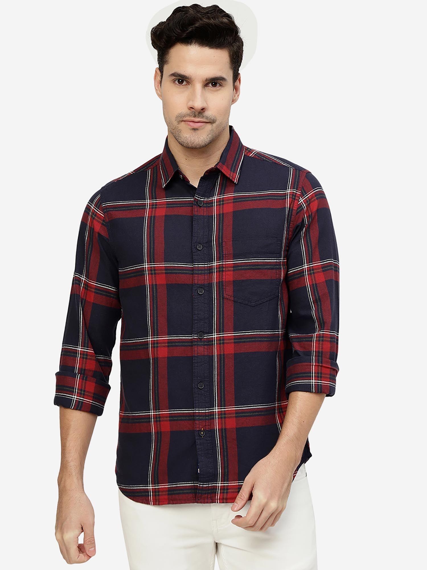 men's red & blue 100% cotton slim fit checked semi casual shirt