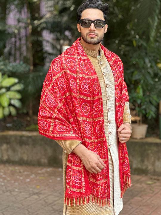 men's red bandhini printed crushed silk blend dupatta for kurta/sherwani/achkan