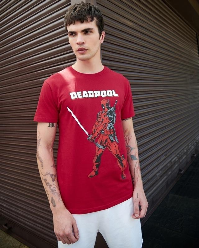 men's red deadpool sword graphic printed t-shirt