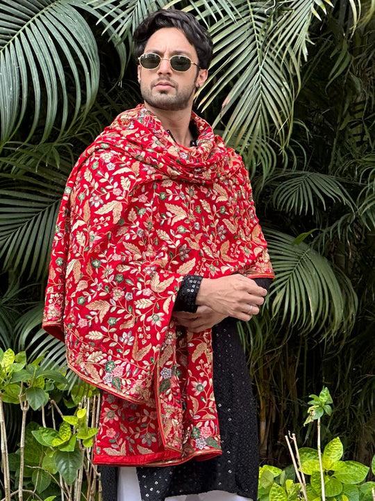 men's red dupatta with heavy multicolour embroidery for kurta/sherwani/achkan