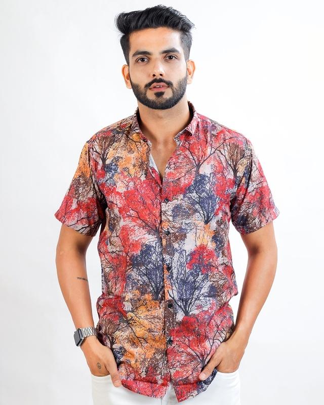 men's red printed slim fit shirt