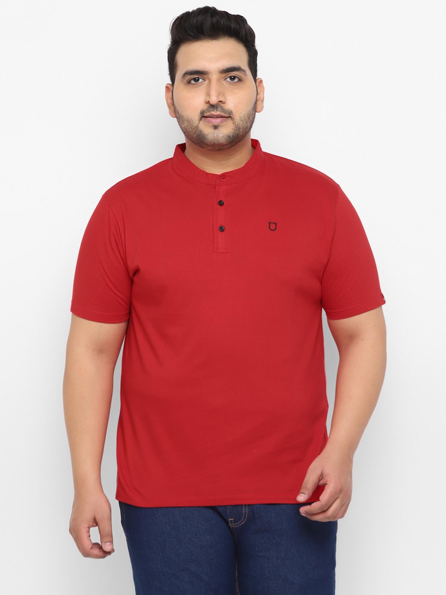 men's red solid mandarin collar regular fit cotton t-shirt