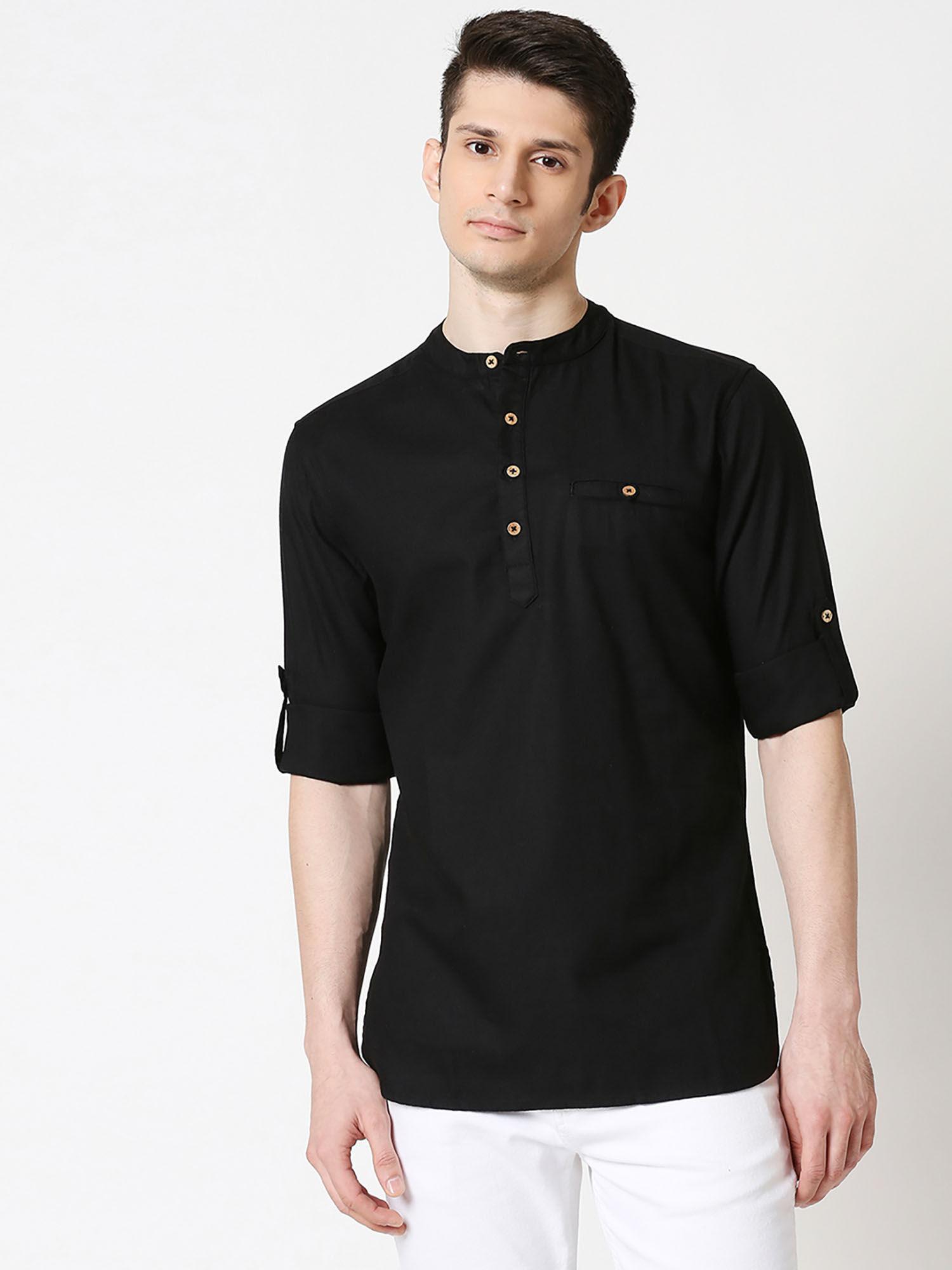 men's relaxed fit black solid short kurta