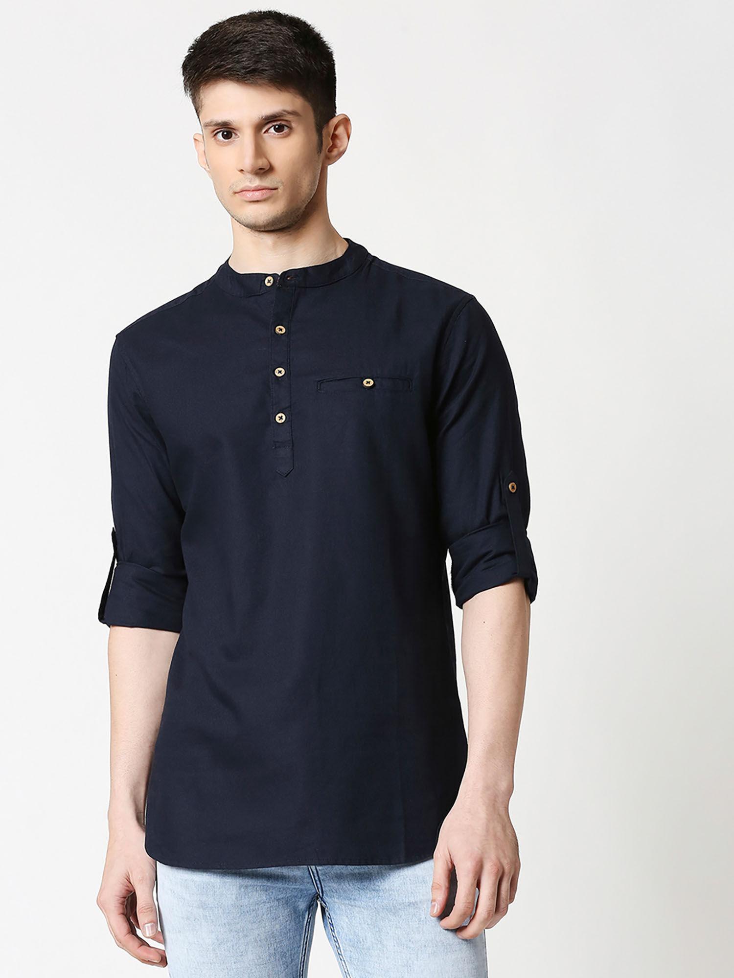 men's relaxed fit navy solid short kurta