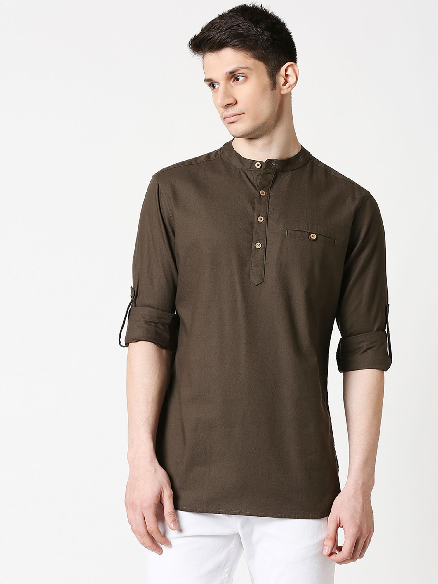 men's relaxed fit olive solid short kurta