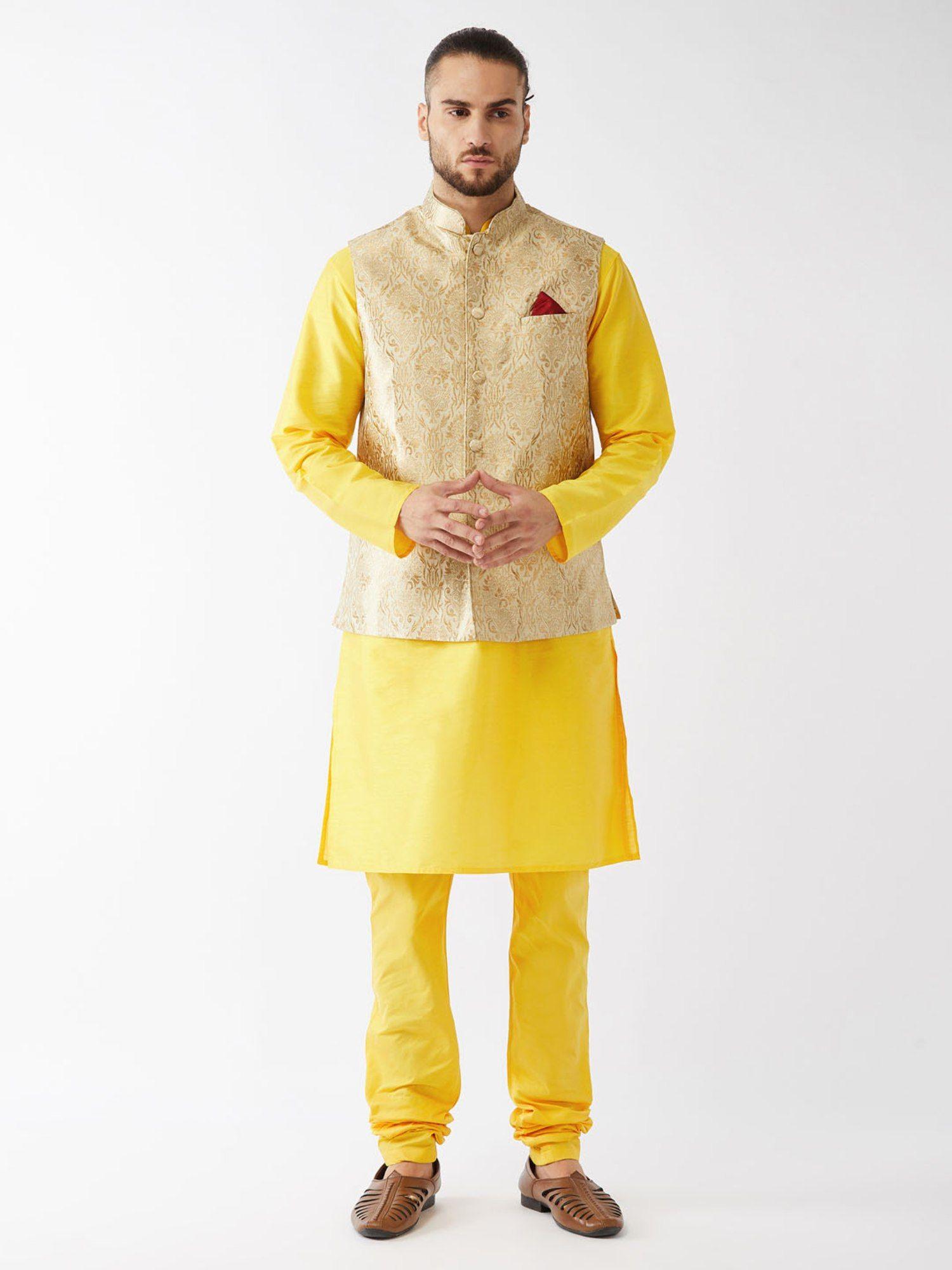 men's rose gold and yellow silk blend jacket, kurta and pyjama set (set of 3)