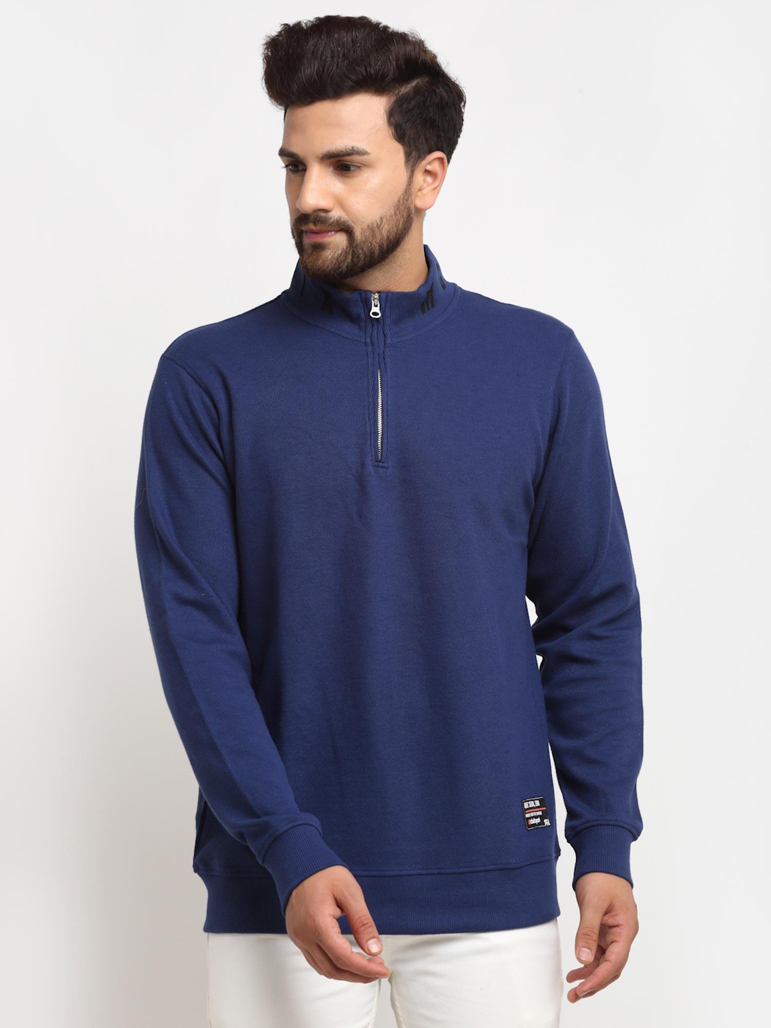 men's royal blue full sleeve solid front half zipper high neck sweatshirt