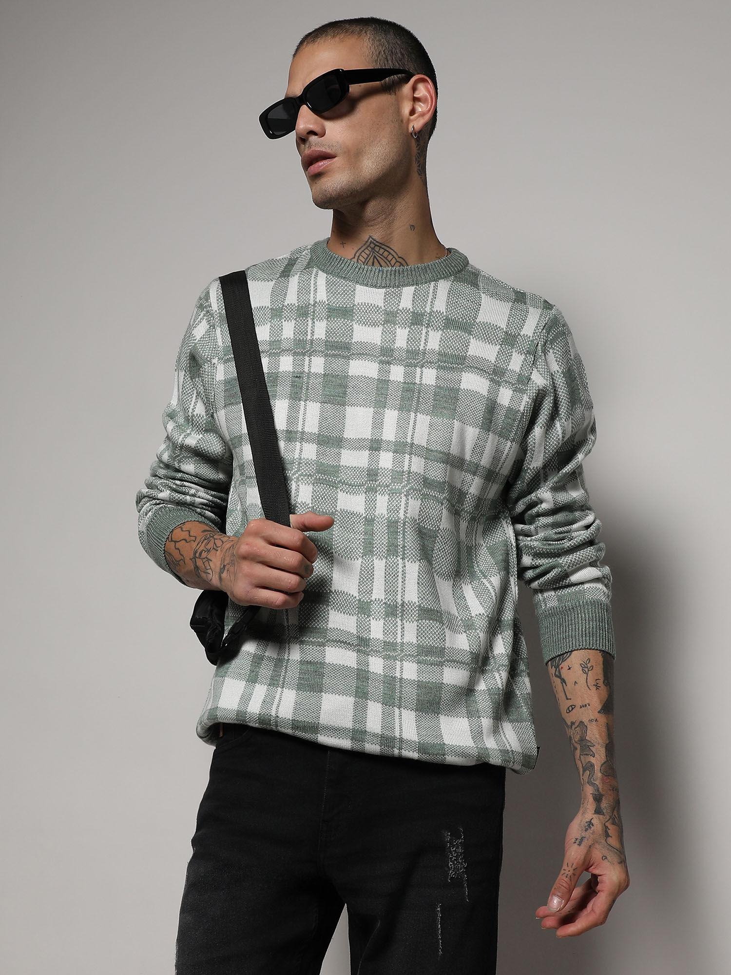 men's sage green tartan plaid pullover sweater