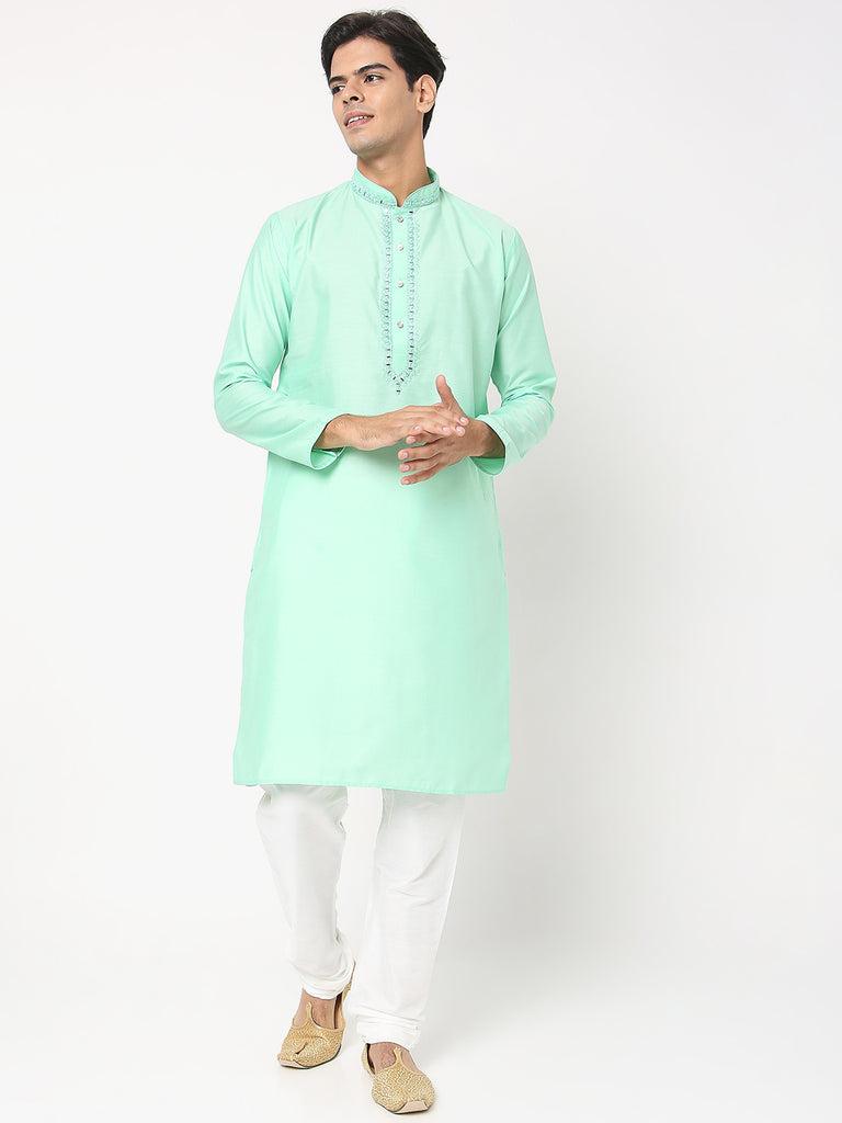 men's sea green polyester cotton embellished kurta pyjama set