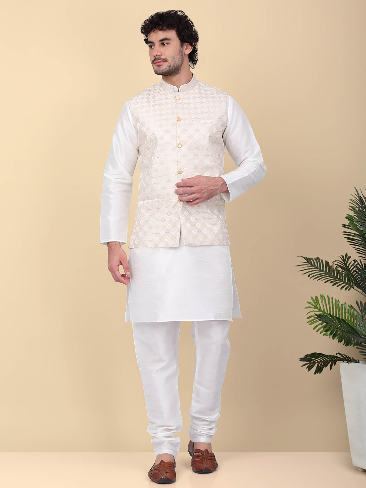 men's silk blend cream kurta and churidar with beige nehru jacket (set of 3)