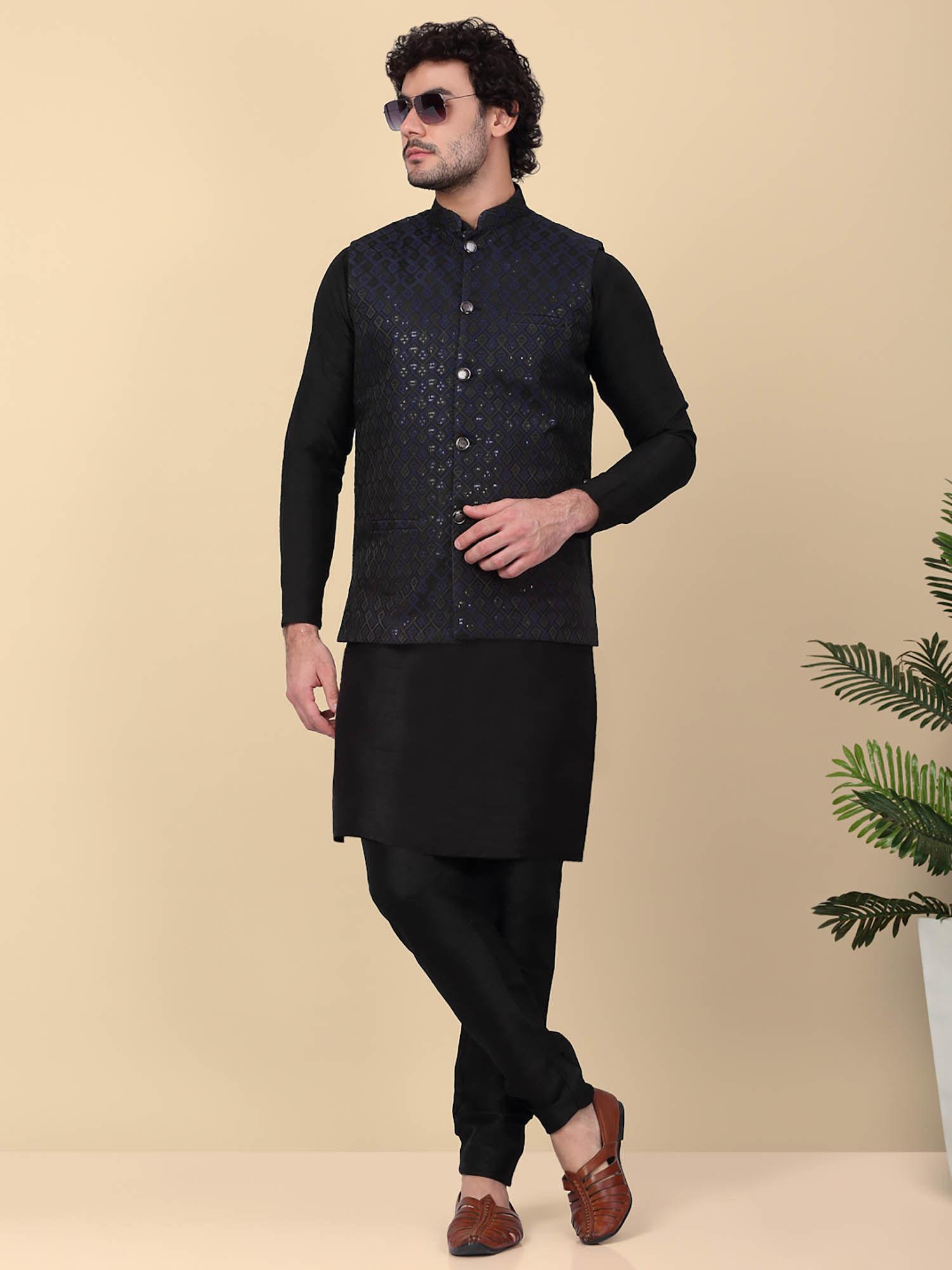 men's silk blend kurta and churidar with navy blue nehru jacket (set of 3)