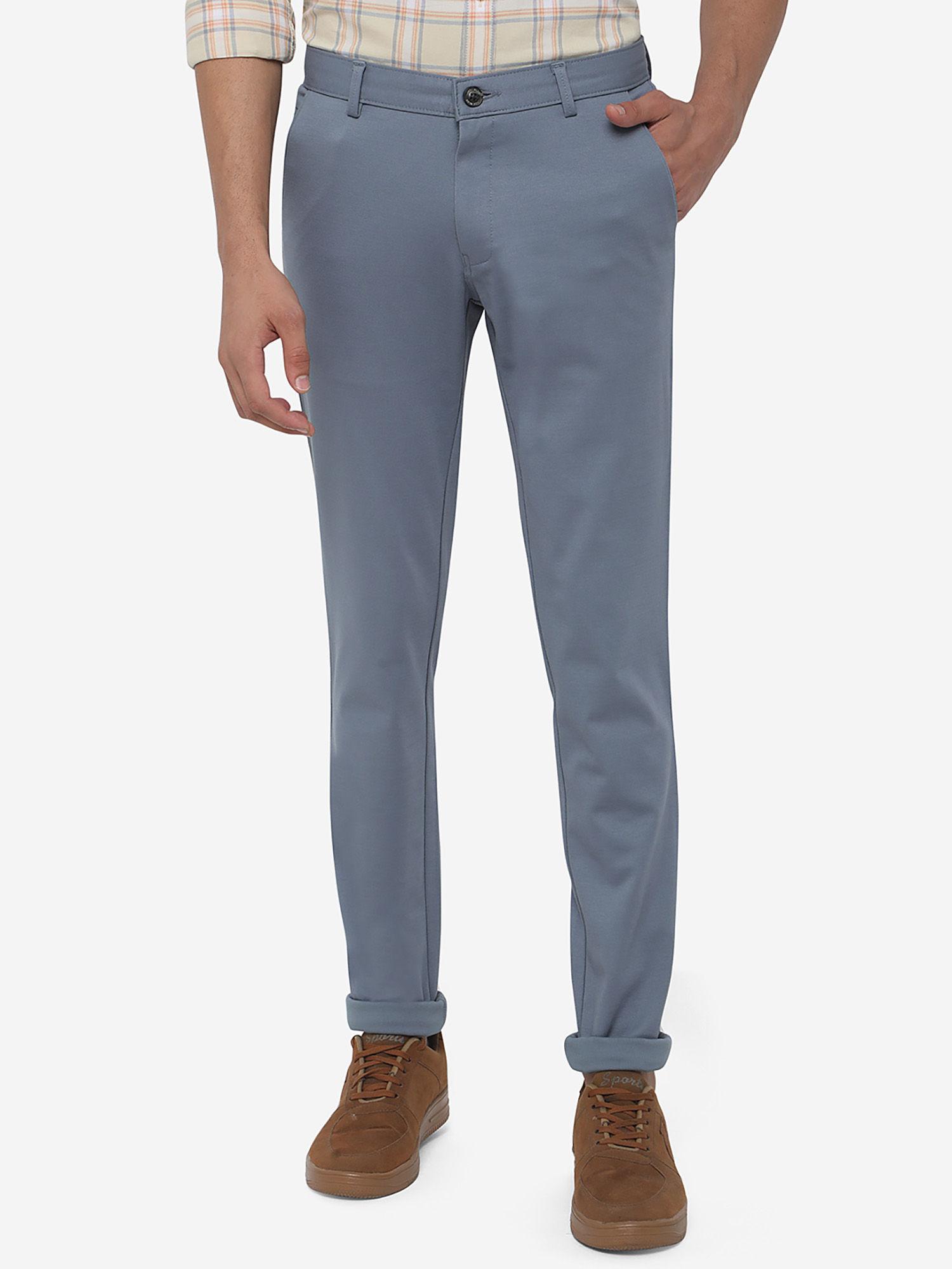 men's sky blue 100% cotton super slim fit solid casual trouser