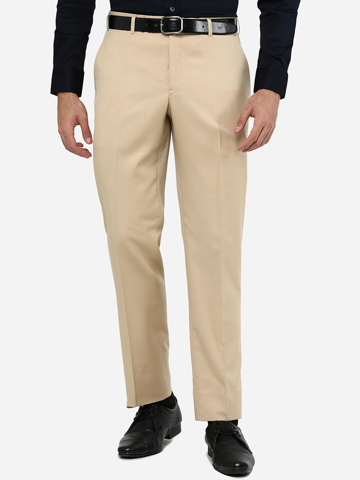 men's solid beige terry rayon classic fit formal trouser