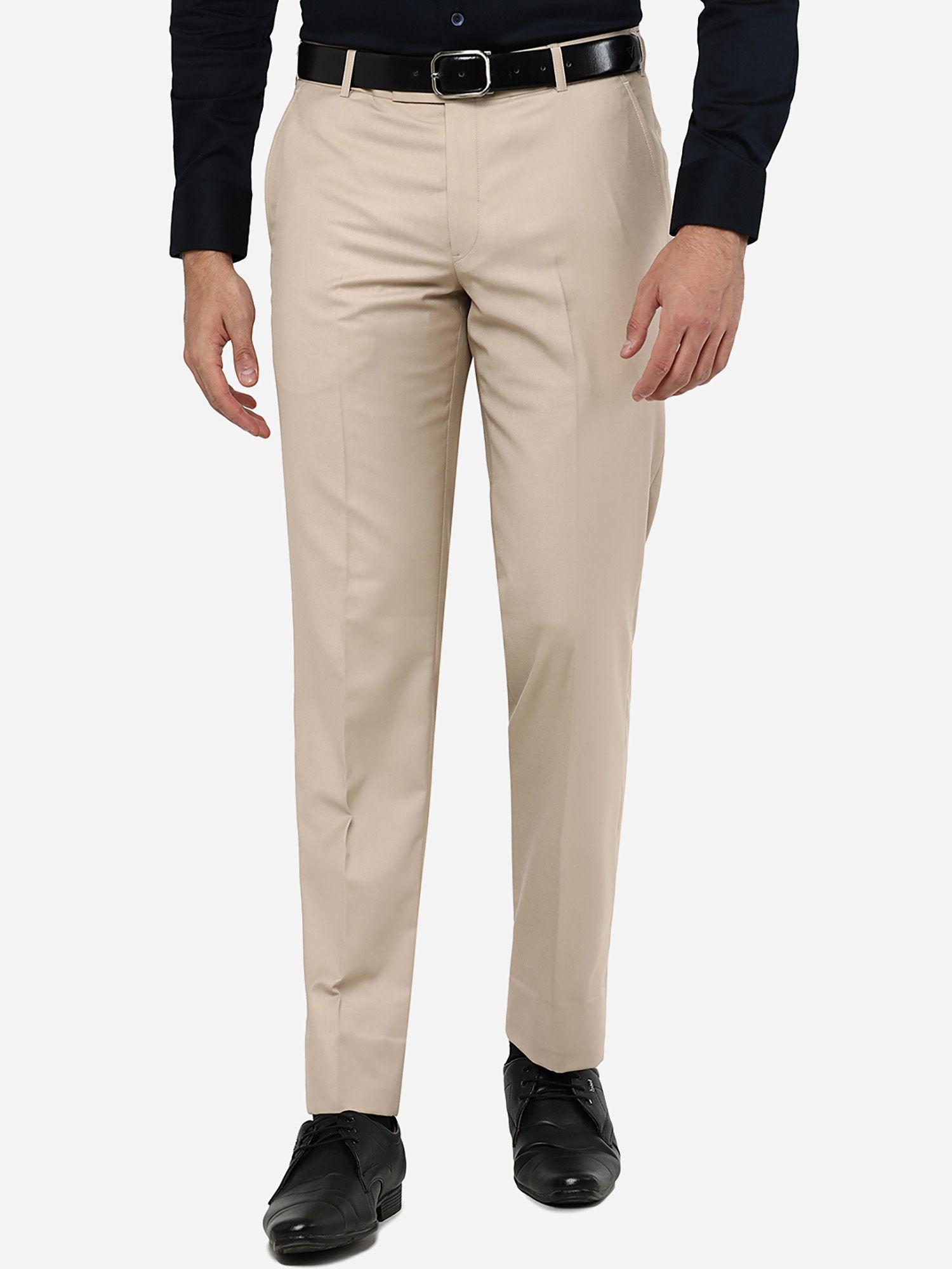 men's solid beige terry rayon slim fit formal trouser
