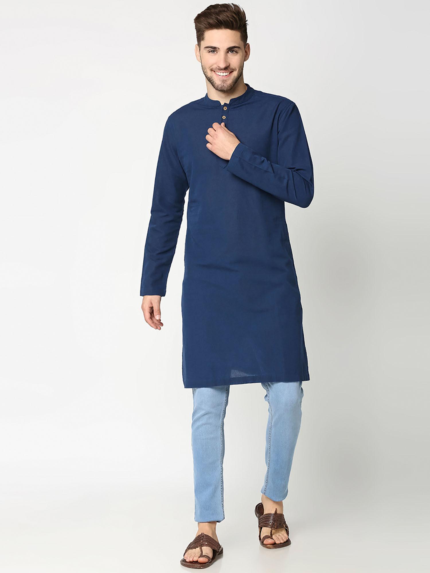 men's solid blue long kurta