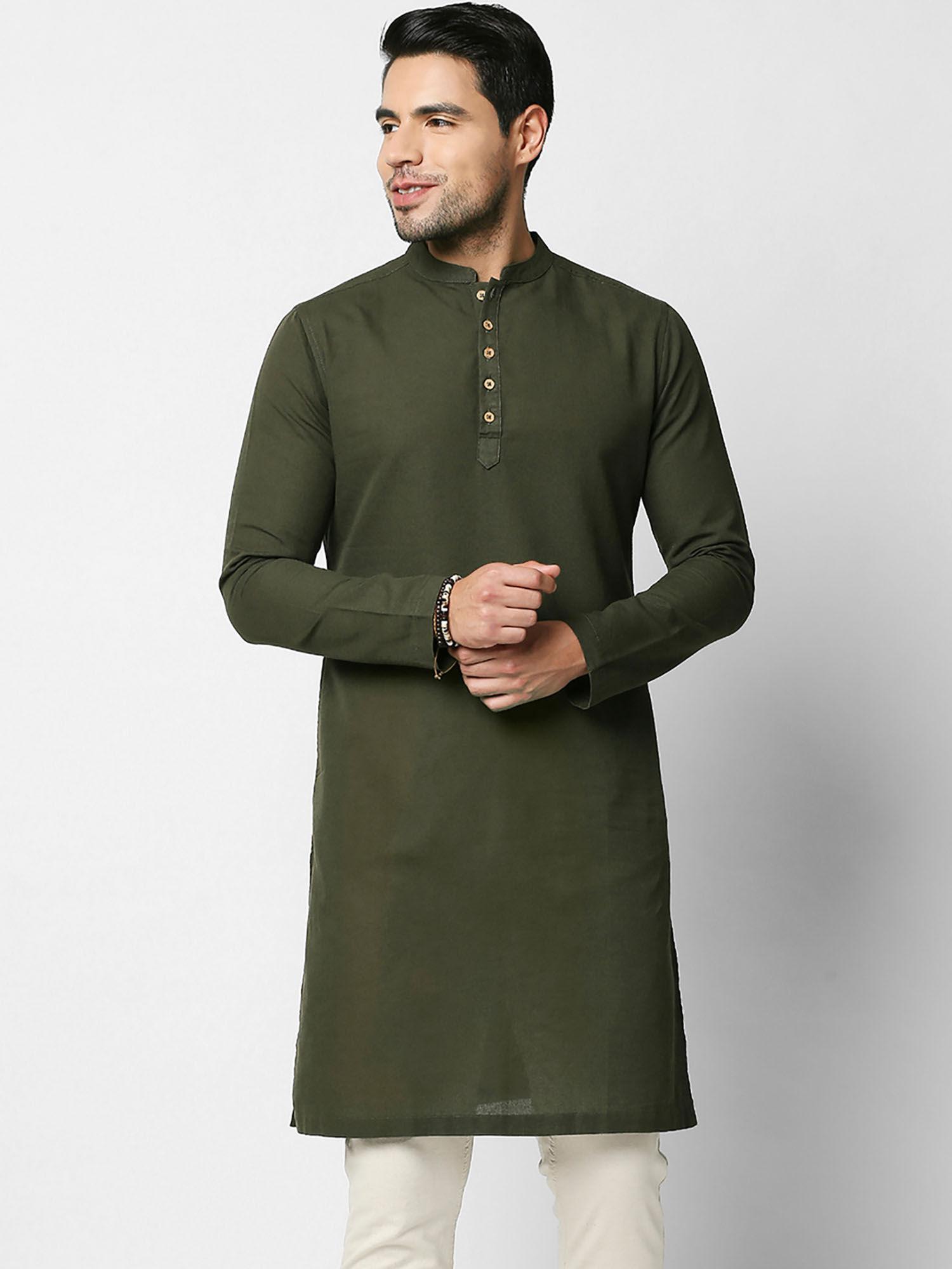 men's solid green long kurta