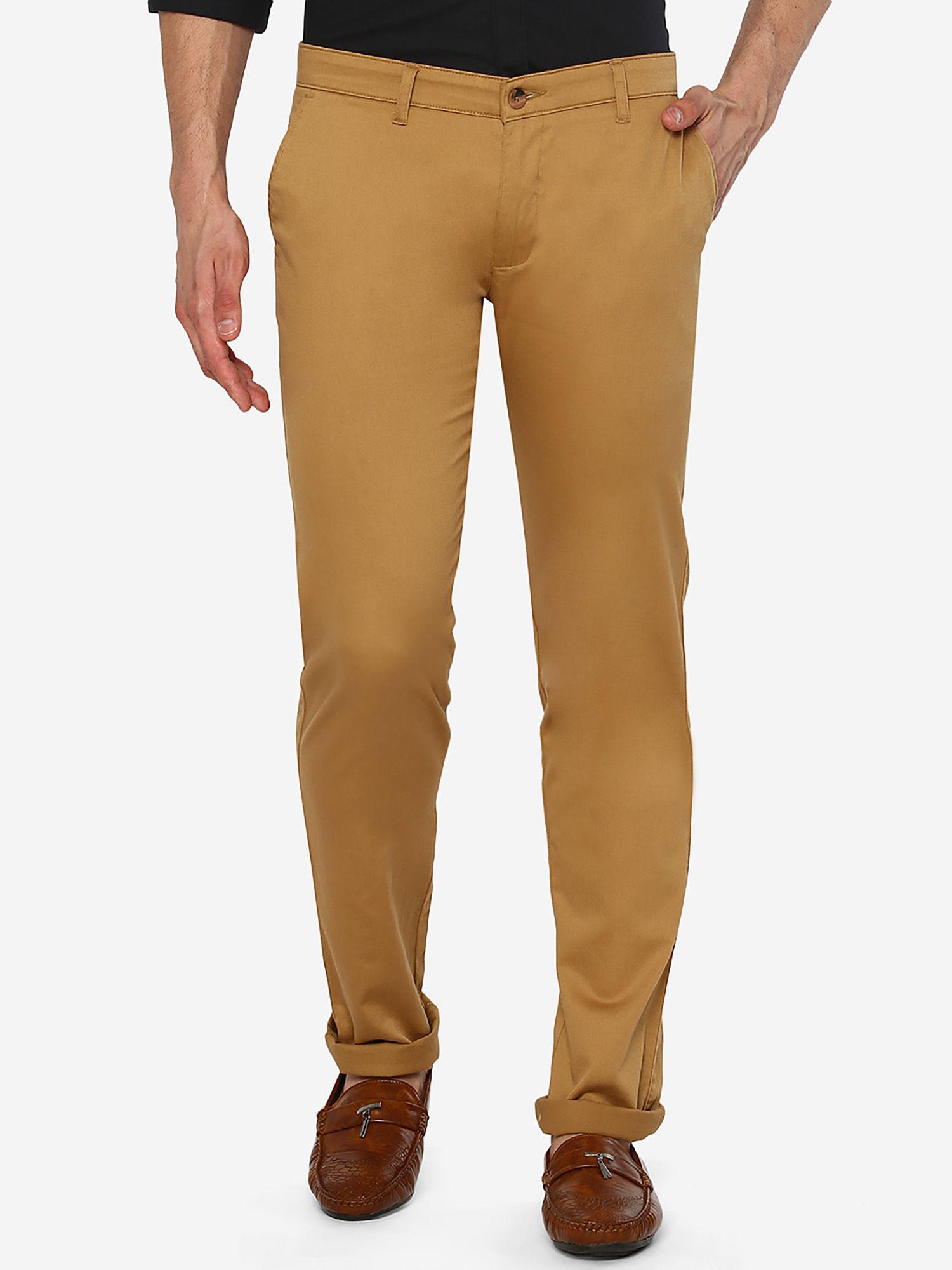 men's solid khaki cotton super slim fit casual trouser