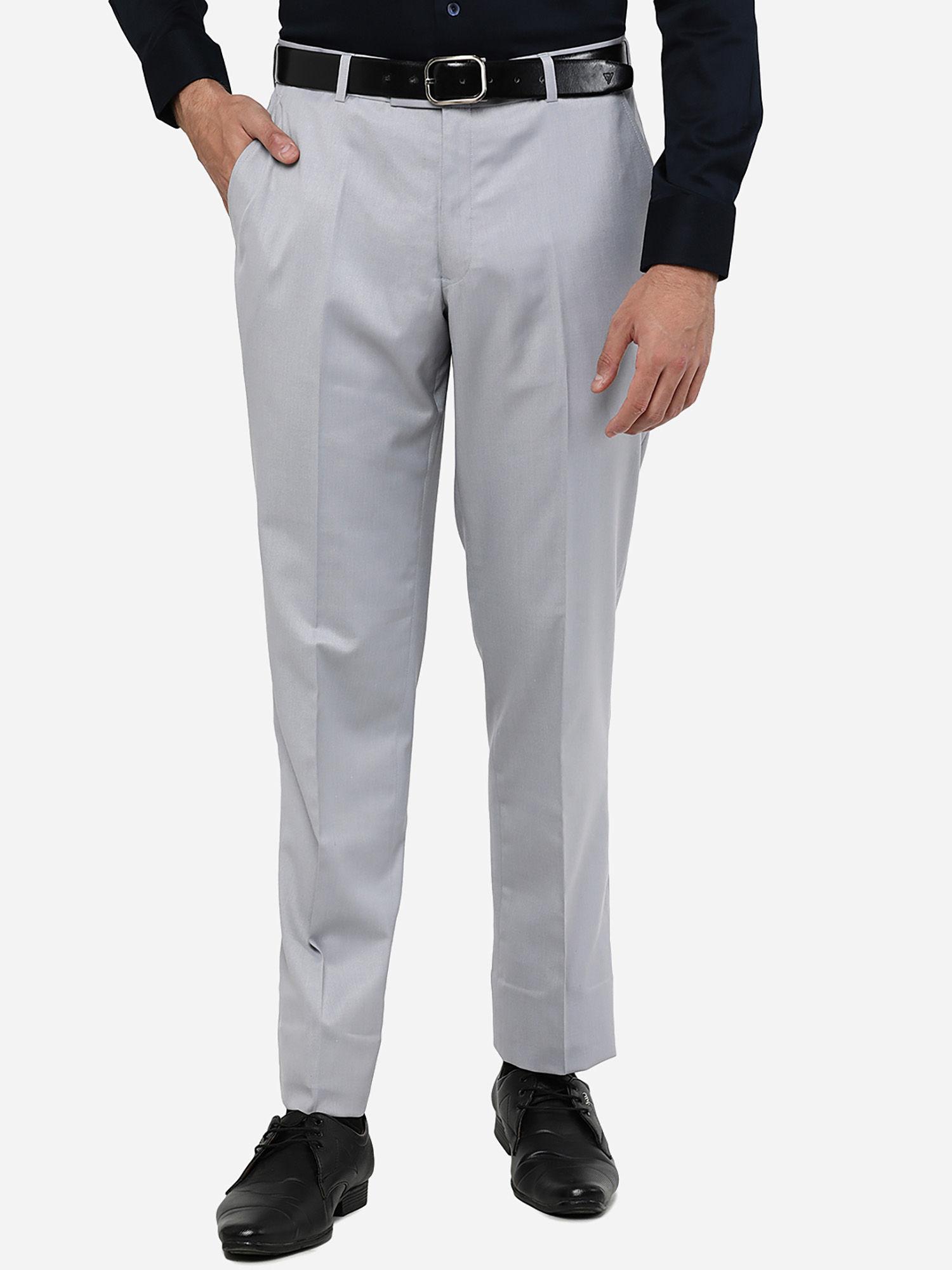 men's solid light grey terry rayon classic fit formal trouser