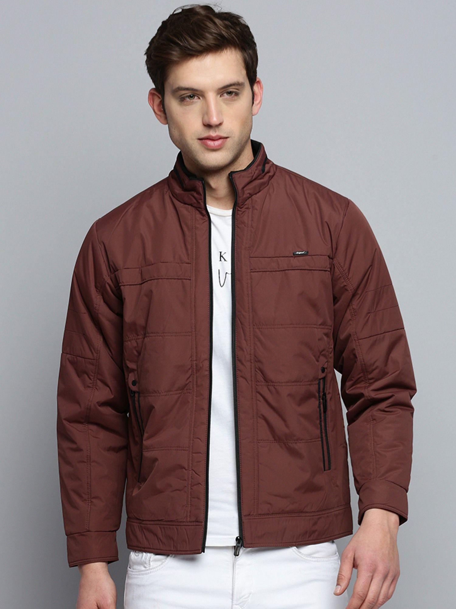 men's solid mock collar brown quilted jacket