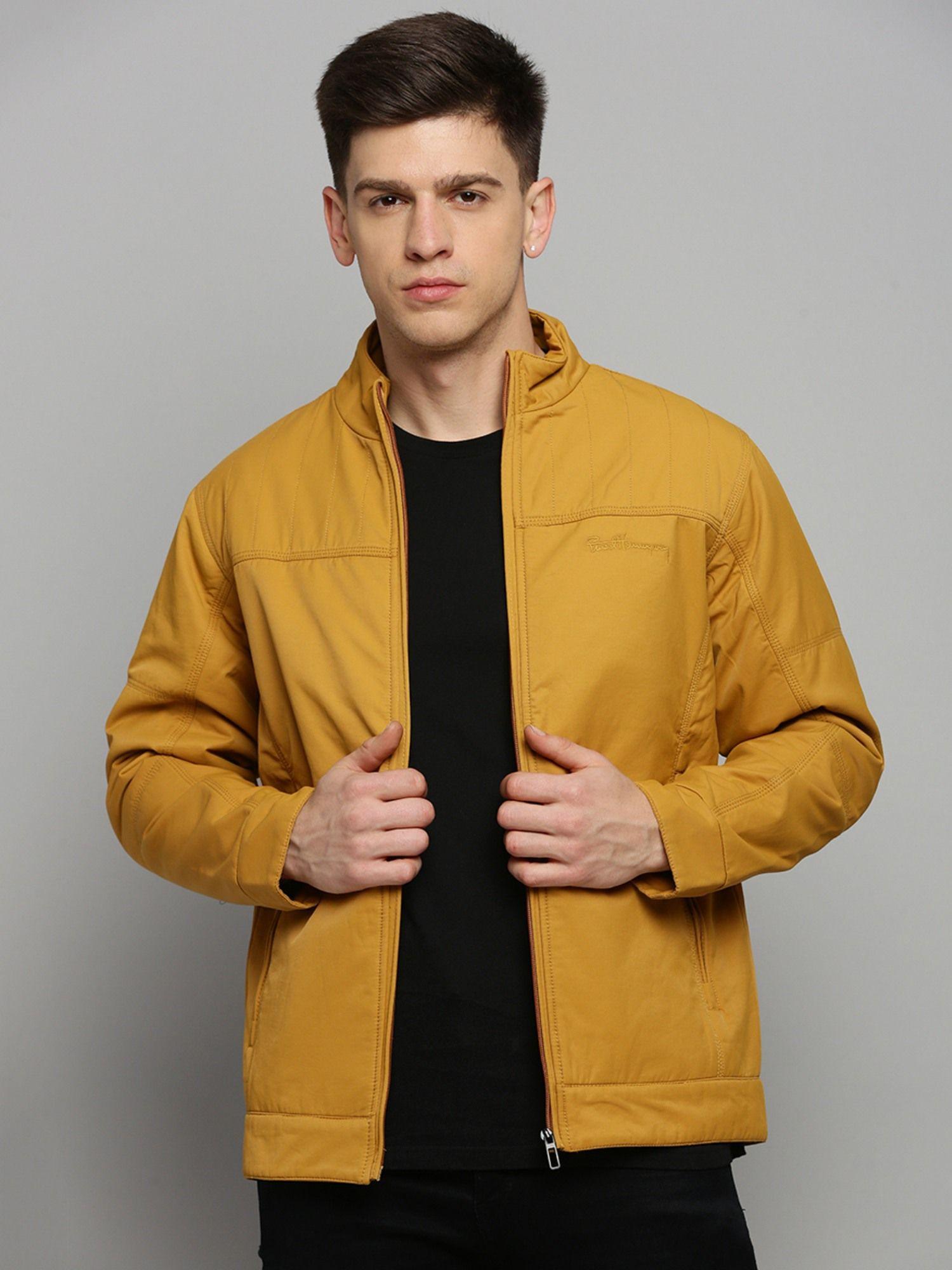 men's solid mock collar mustard padded jacket