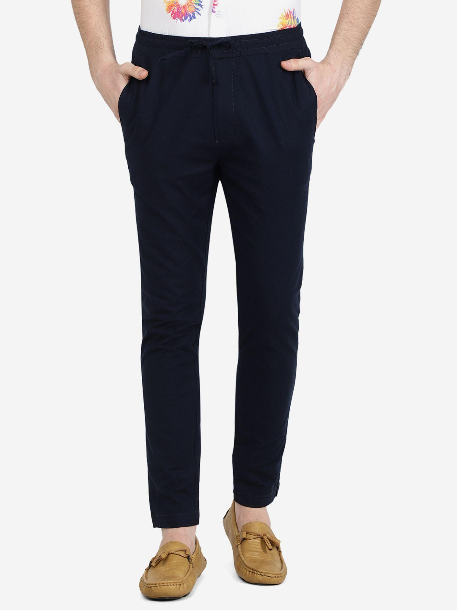 men's solid navy blue cotton regular fit track pants