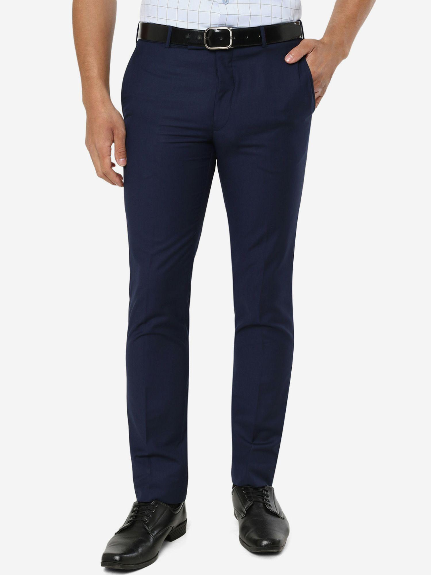 men's solid navy blue terry rayon slim fit formal trouser